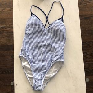one-piece swimsuit  stripes/seersucker tie back